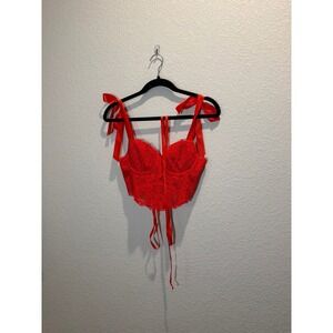 Red Lace Corset Top Ribbon Strap Bustier Size S Festival Y2K Coquette
